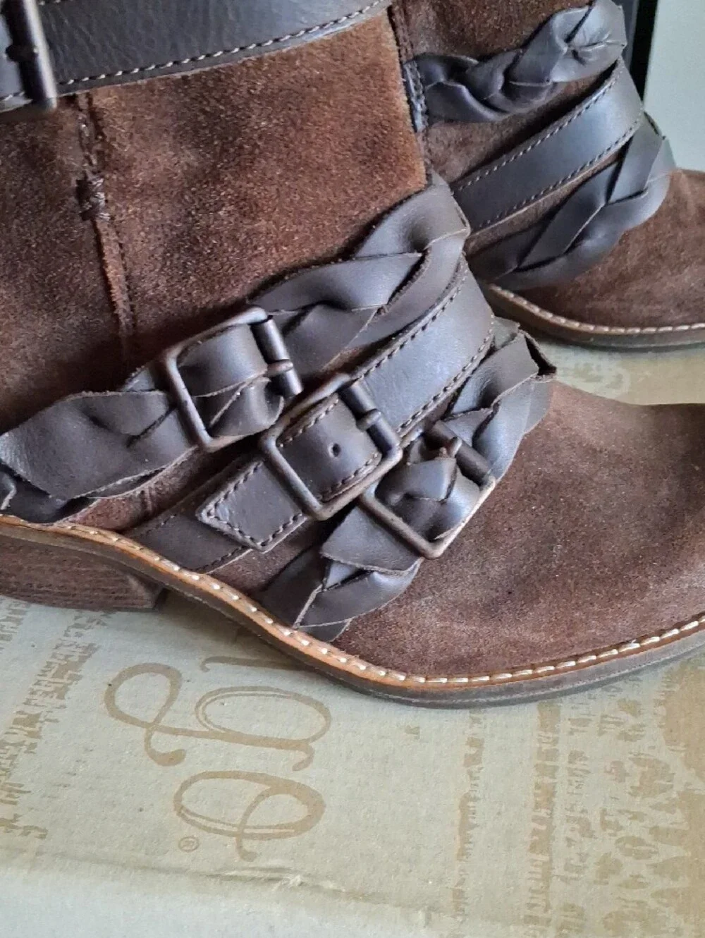 Latigo Dark Brown Suede Ankle Booties with Strap and Buckle Details